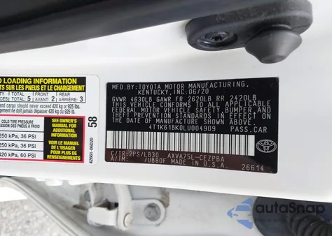 2020 Toyota Camry Xse Awd from USA, damaged, VIN 4T1K61BK0LU004909